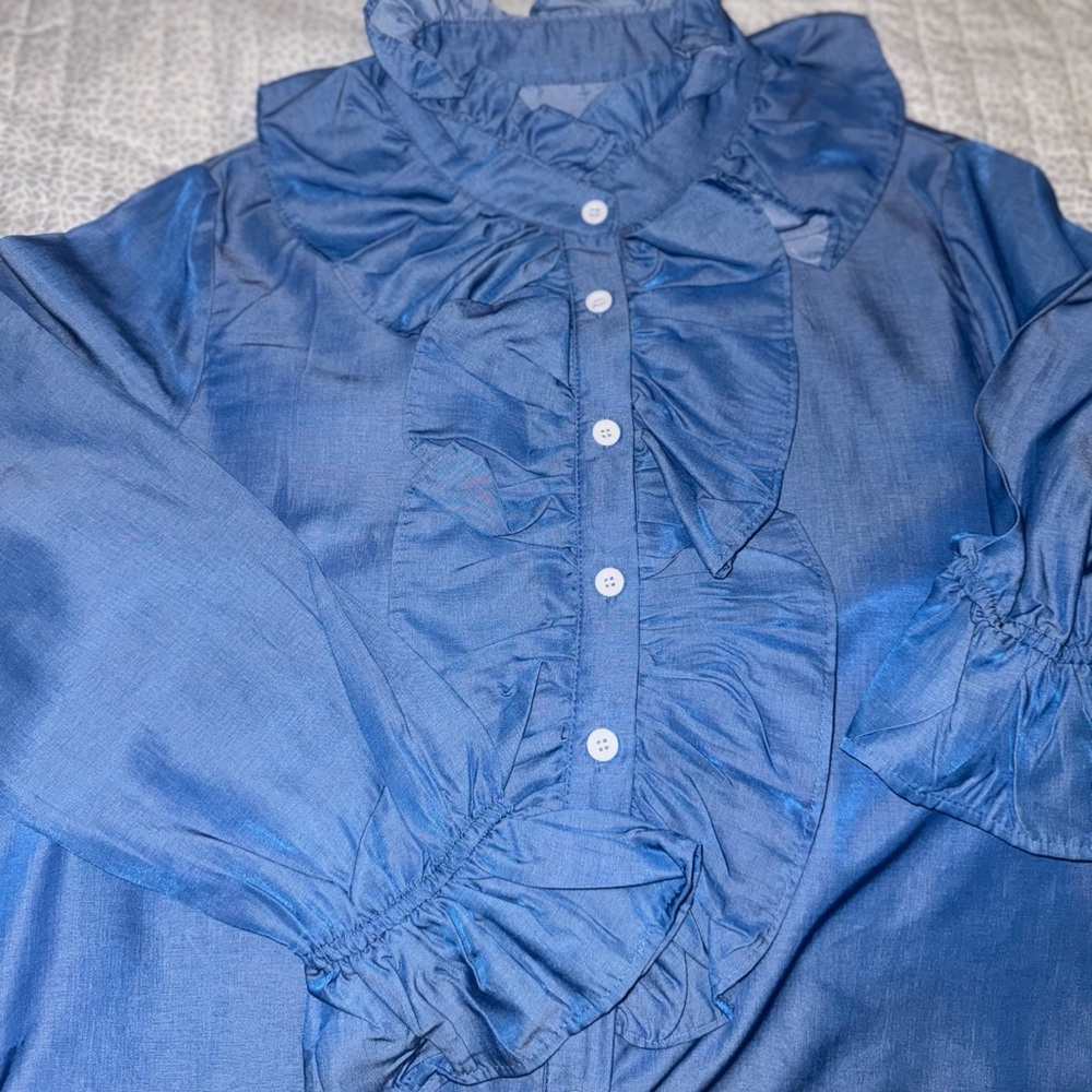 Blue Ruffled Button-Up Blouse - Picture 2 of 2